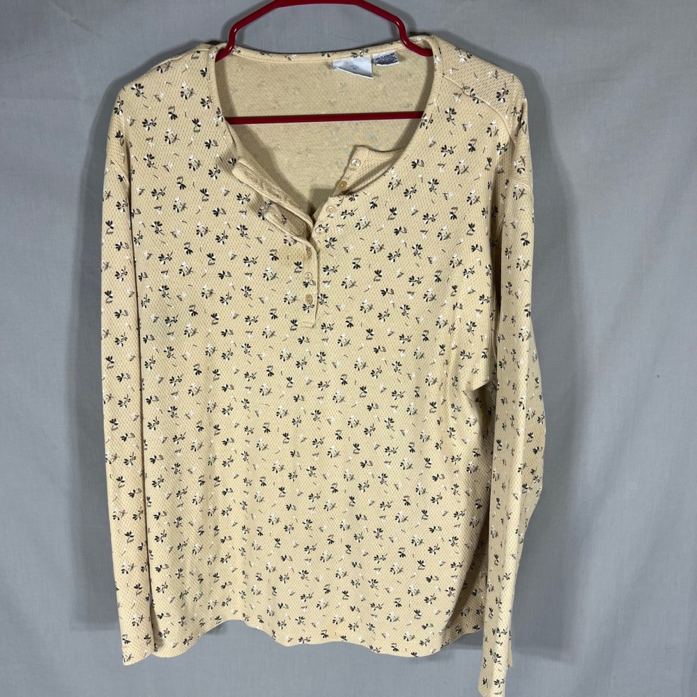 Bobbie Brooks Henley Top Floral Waffle Knit Yellow Womens XL